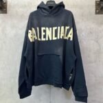 Balenciaga Tape Type Ripped Pocket Hoodie Oversized in black curly fleece(744190TOVB11055）