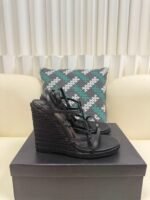 YSL Saint Laurent Logo High-Heeled Wedge Straw Leather Sandals / Heel Height 10.5CM - 图片 4