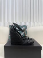 YSL Saint Laurent Logo High-Heeled Wedge Straw Leather Sandals / Heel Height 10.5CM - 图片 9