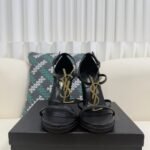 YSL Saint Laurent Logo High-Heeled Wedge Straw Leather Sandals / Heel Height 10.5CM