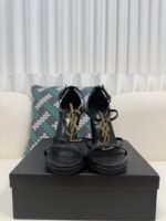YSL Saint Laurent Logo High-Heeled Wedge Straw Leather Sandals / Heel Height 10.5CM