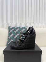 YSL Saint Laurent Logo High-Heeled Wedge Straw Leather Sandals / Heel Height 10.5CM - 图片 3