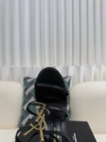YSL Saint Laurent Logo High-Heeled Wedge Straw Leather Sandals / Heel Height 10.5CM - 图片 5