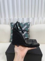 YSL Saint Laurent Logo High-Heeled Wedge Straw Leather Sandals / Heel Height 10.5CM - 图片 10