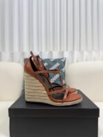 YSL Saint Laurent Logo High-Heeled Wedge Straw Leather Sandals / Heel Height 10.5CM - 图片 7