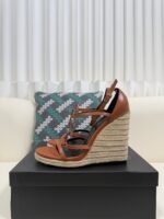 YSL Saint Laurent Logo High-Heeled Wedge Straw Leather Sandals / Heel Height 10.5CM - 图片 9