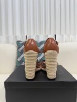 YSL Saint Laurent Logo High-Heeled Wedge Straw Leather Sandals / Heel Height 10.5CM - 图片 11