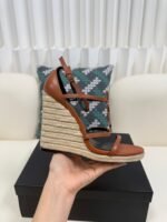 YSL Saint Laurent Logo High-Heeled Wedge Straw Leather Sandals / Heel Height 10.5CM - 图片 2