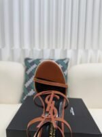 YSL Saint Laurent Logo High-Heeled Wedge Straw Leather Sandals / Heel Height 10.5CM