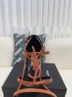 YSL Saint Laurent Logo High-Heeled Wedge Straw Leather Sandals / Heel Height 10.5CM - 图片 5