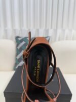 YSL Saint Laurent Logo High-Heeled Wedge Straw Leather Sandals / Heel Height 10.5CM - 图片 6