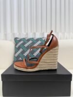 YSL Saint Laurent Logo High-Heeled Wedge Straw Leather Sandals / Heel Height 10.5CM - 图片 10