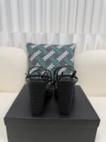 YSL Saint Laurent Logo High-Heeled Wedge Straw Leather Sandals / Heel Height 10.5CM - 图片 3