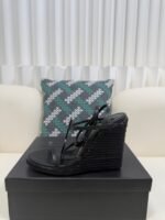 YSL Saint Laurent Logo High-Heeled Wedge Straw Leather Sandals / Heel Height 10.5CM - 图片 10