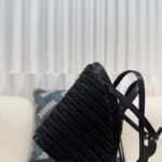 YSL Saint Laurent Logo High-Heeled Wedge Straw Leather Sandals / Heel Height 10.5CM