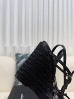 YSL Saint Laurent Logo High-Heeled Wedge Straw Leather Sandals / Heel Height 10.5CM