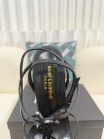 YSL Saint Laurent Logo High-Heeled Wedge Straw Leather Sandals / Heel Height 10.5CM - 图片 5